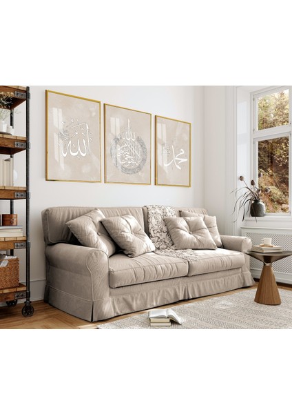 Harikabirev|bej-Beyaz Allah-Ayetel Kürsi-Z. Muhammed Kombini|çerçeveli Cam Tablo 3lü Dikey