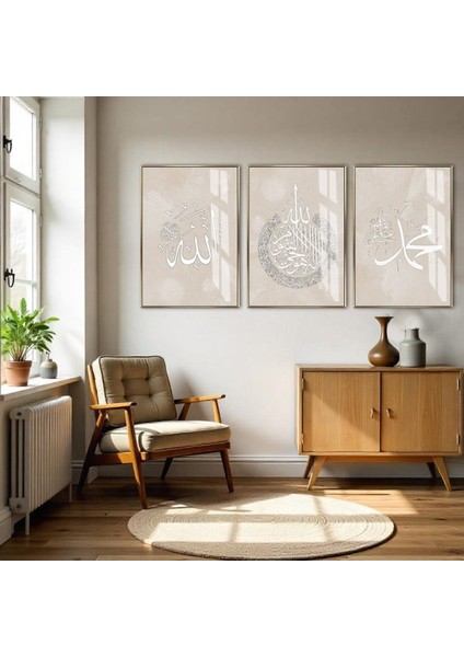 Harikabirev|bej-Beyaz Allah-Ayetel Kürsi-Z. Muhammed Kombini|çerçeveli Cam Tablo 3lü Dikey fiyatları