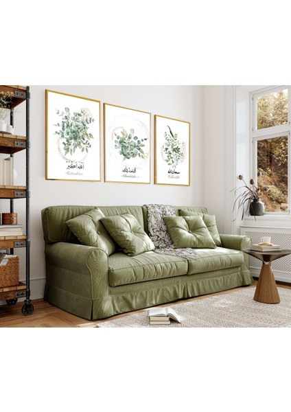 yeşil Yapraklı Subhanallah-Allahuakbar Kombin |çerçeveli Cam Tablo 3lü Dikey fiyatları