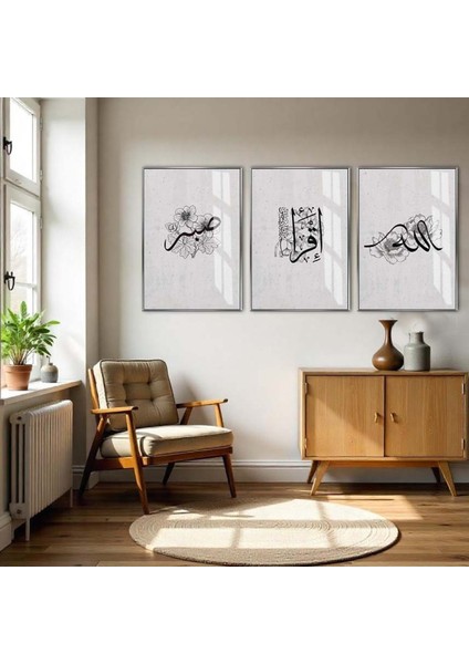 gri-Siyah Allah-Sabır Islami Kombini|çerçeveli Cam Tablo 3lü Dikey fiyatları
