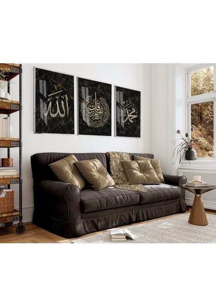 gold-Siyah Nas Suresi Allah-Muhammed Kombin|çerçeveli Cam Tablo 3lü Dikey