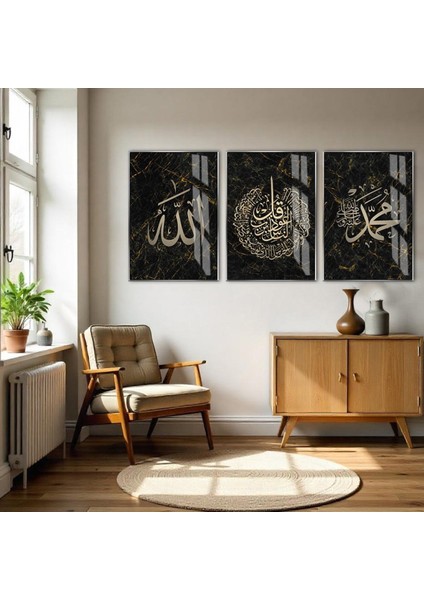 gold-Siyah Nas Suresi Allah-Muhammed Kombin|çerçeveli Cam Tablo 3lü Dikey fiyatları