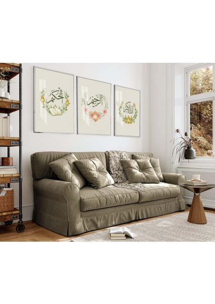 krem-Yeşil Çiçekli Allah'ın Sıfatları Kombini |çerçeveli Cam Tablo 3lü Dikey