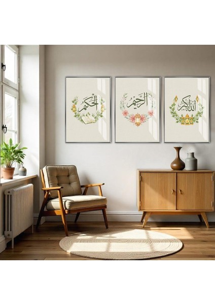 krem-Yeşil Çiçekli Allah'ın Sıfatları Kombini |çerçeveli Cam Tablo 3lü Dikey fiyatları