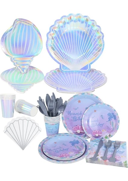 B08-20PCS Denizkızı Parti Tek Kullanımlık Sofra Renkli Kabuk Plaka Bardak Deniz Altında Parti Bebek Duş Küçük Denizkızı Doğum Günü Partisi Decora (Yurt Dışından)