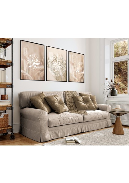 krem Bitkili Allah-Nas-Muhammed Islami Kombini |çerçeveli Cam Tablo 3lü Dikey