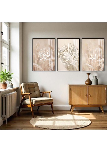 krem Bitkili Allah-Nas-Muhammed Islami Kombini |çerçeveli Cam Tablo 3lü Dikey fiyatları