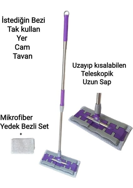 Mandallı teleskopik mop seti, mor renk, yedek bez hediyeli, kolay kullanım, yer cam temizliği