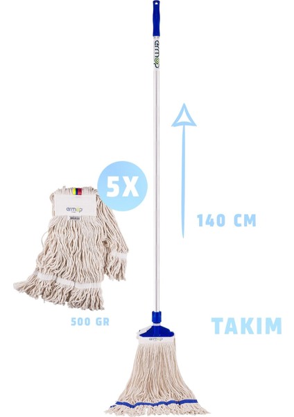 Yüzey Temizliği Islak Mop Set 5 Yedekli 5 Adet Islak Mop Paspas 500 gr Aparat ve Alüminyum Boru Sap
