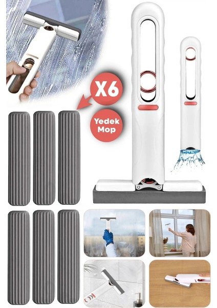 Taşınabilir Mini Mop Paspası Temizlik Süngeri Pencere Cam Zemin Silme + 6 Yedek Mop
