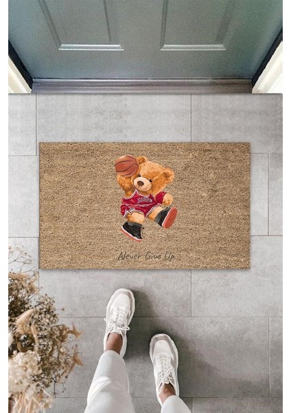 Bej Kapı Önü Paspası Never Give Up Ayıcık Desen K-3315
