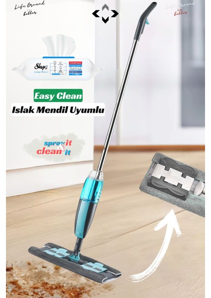 Mandallı Sprey Mop 360° Döner Başlık, %100 Mikrofiber, 350 ml Su Hazneli, Gri Set