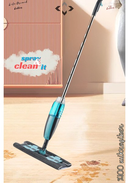 Mandallı Sprey Mop 360° Döner Başlık, %100 Mikrofiber, 350 ml Su Hazneli, Gri Set