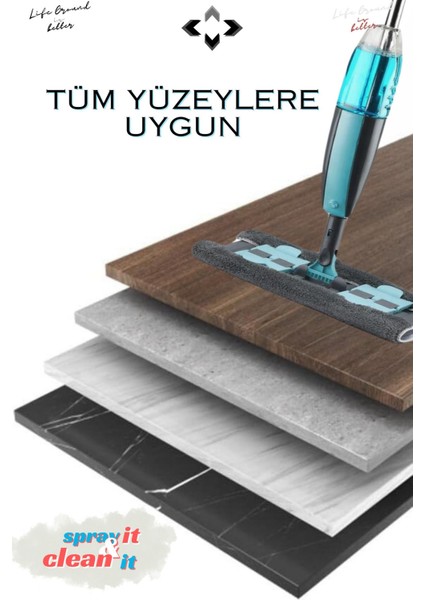 Mandallı Sprey Mop 360° Döner Başlık, %100 Mikrofiber, 350 ml Su Hazneli, Gri Set