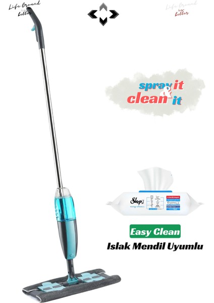 Mandallı Sprey Mop 360° Döner Başlık, %100 Mikrofiber, 350 ml Su Hazneli, Gri Set