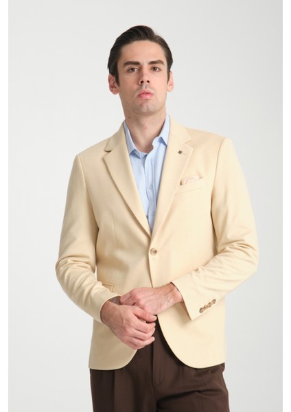 Marcio Erkek Bej Pamuk Karışımlı Esneyen Kumaş Mono Yaka Slim Fit Spor Blazer Ceket