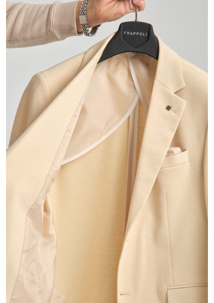 Marcio Erkek Bej Pamuk Karışımlı Esneyen Kumaş Mono Yaka Slim Fit Spor Blazer Ceket
