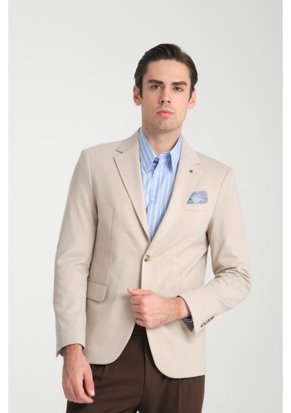 Marcio Erkek Vizon Pamuk Karışımlı Esneyen Kumaş Mono Yaka Slim Fit Spor Blazer Ceket