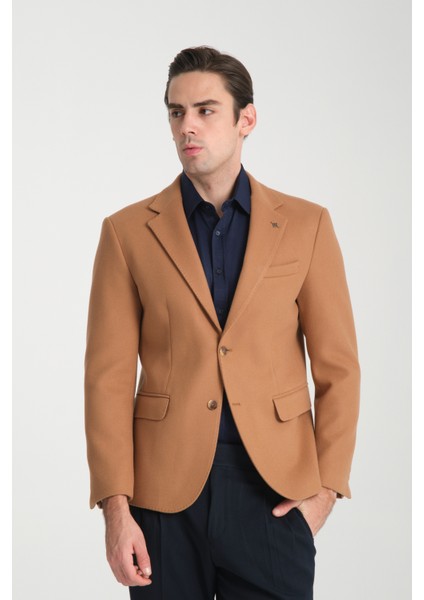 Grande Erkek Camel Kaşe Kumaşlı Mono Yaka Slim Fit Blazer Ceket