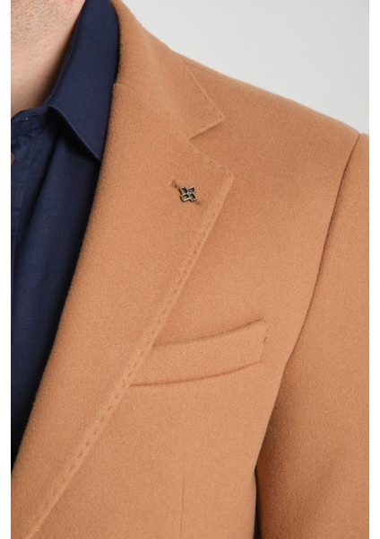 Grande Erkek Camel Kaşe Kumaşlı Mono Yaka Slim Fit Blazer Ceket