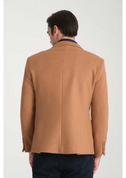Grande Erkek Camel Kaşe Kumaşlı Mono Yaka Slim Fit Blazer Ceket