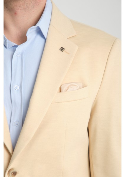 Marcio Erkek Bej Pamuk Karışımlı Esneyen Kumaş Mono Yaka Slim Fit Spor Blazer Ceket