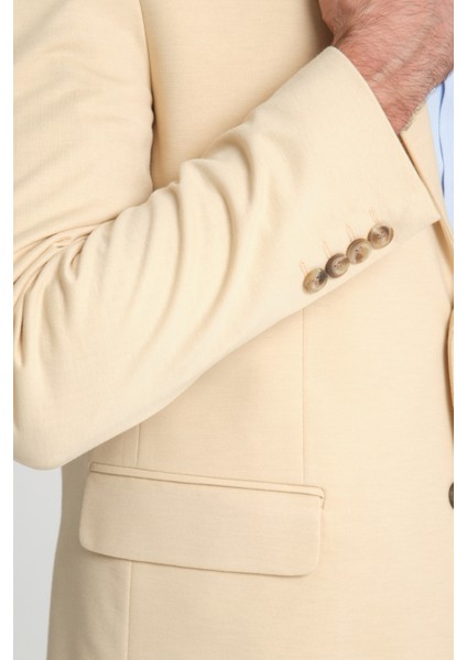 Marcio Erkek Bej Pamuk Karışımlı Esneyen Kumaş Mono Yaka Slim Fit Spor Blazer Ceket