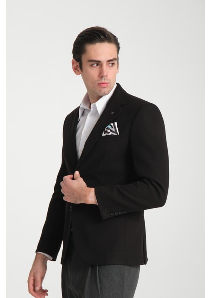 Grande Erkek Siyah Kaşe Kumaşlı Mono Yakaslim Fit Blazer Ceket