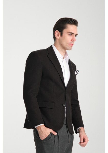 Grande Erkek Siyah Kaşe Kumaşlı Mono Yakaslim Fit Blazer Ceket modelleri