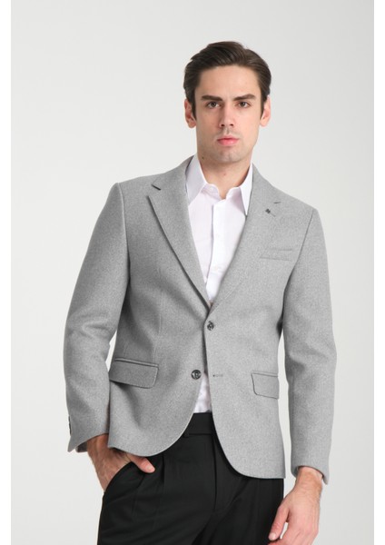 Grande Erkek Gri Kaşe Kumaşlı Mono Yaka Slim Fit Blazer Ceket