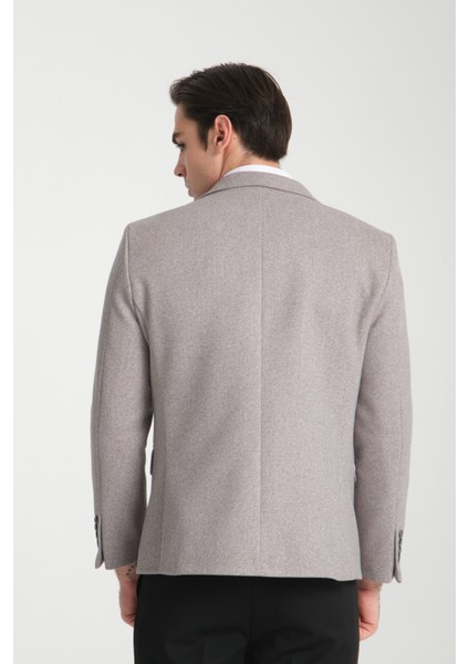 Grande Erkek Gri Kaşe Kumaşlı Mono Yaka Slim Fit Blazer Ceket