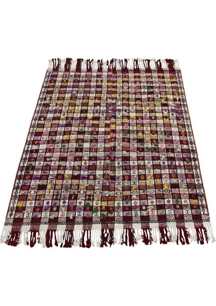 El Dokuma Yün Ekoseli Sofra Tülü Anadolu Kilimi 0045 - Antika - Çok Renkli