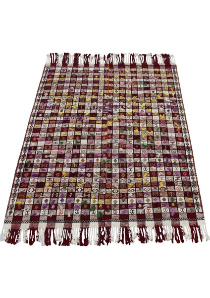 El Dokuma Yün Ekoseli Sofra Tülü Anadolu Kilimi 0045 - Antika - Çok Renkli modelleri