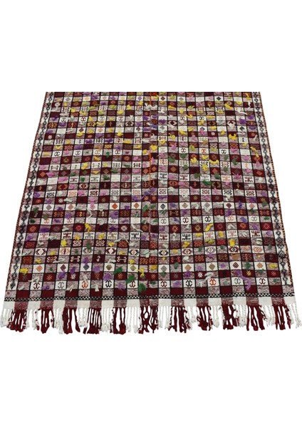 El Dokuma Yün Ekoseli Sofra Tülü Anadolu Kilimi 0045 - Antika - Çok Renkli fırsatları