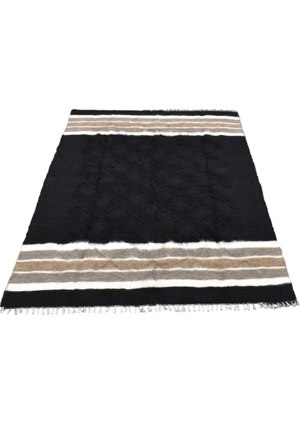 El Dokuma Yün Çizgili Dikişsiz Çift Kişilik Tiftik Siirt Battaniyesi 0030 - Yeni - Siyah