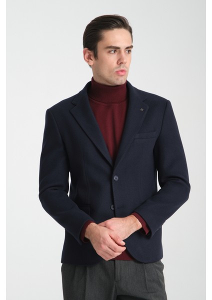Grande Erkek Lacivert Kaşe Kumaşlı Mono Yakaslim Fit Blazer Ceket