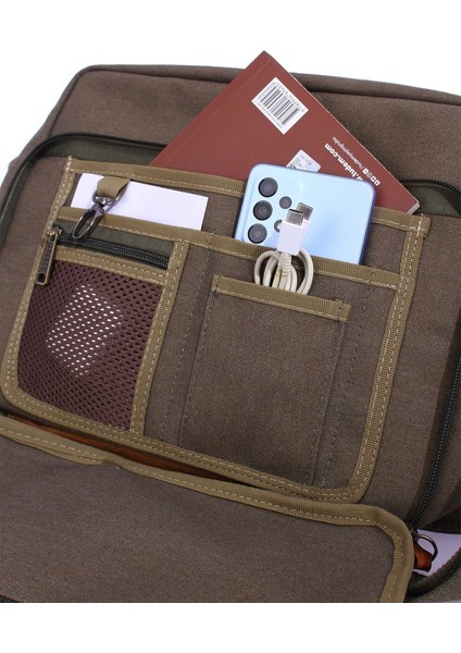 GK61 Kanvas Postacı Çantası Çok Bölmeli Üniversite Omuz Çanta MACBOOK Tablet Çanta Haki