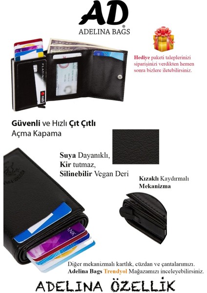 Adelina Siyah Deri El ve Omuz Çanta ve Mekanizmalı Kartlık Set