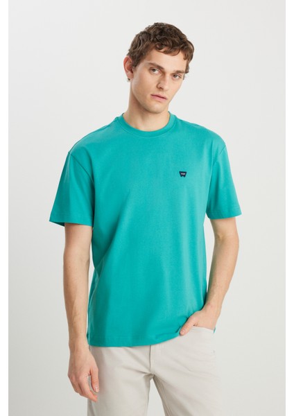%100 Pamuk Relaxed Fit Geniş Kesim Minimal Logo Yeşil Tişört