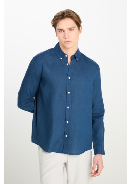 Regular Fit Normal Kesim Lacivert Keten Gömlek