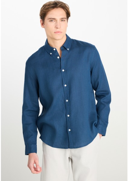Regular Fit Normal Kesim Lacivert Keten Gömlek fiyatları
