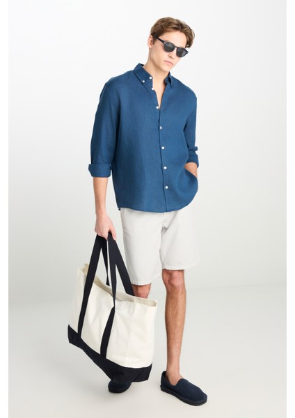 Regular Fit Normal Kesim Lacivert Keten Gömlek modelleri