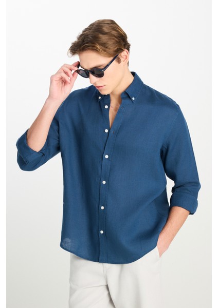 Regular Fit Normal Kesim Lacivert Keten Gömlek fırsatları