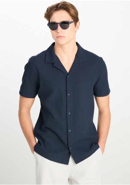 Relaxed Fit Geniş Kesim Lacivert Pamuklu Gömlek