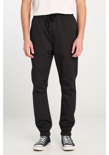 Regular Fit Normal Kesim Ribanalı Paça Pamuklu Siyah Jogger Pantolon