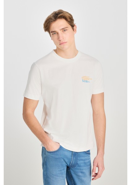%100 Pamuk Regular Fit Normal Kesim Bisiklet Yaka Baskılı Ekru Tişört
