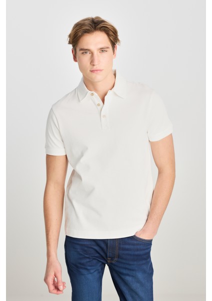 %100 Pamuk Regular Fit Normal Kesim Ekru Polo Yaka Tişört
