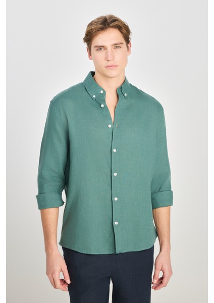Regular Fit Normal Kesim Yeşil Keten Gömlek
