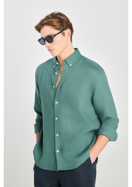 Regular Fit Normal Kesim Yeşil Keten Gömlek fiyatları