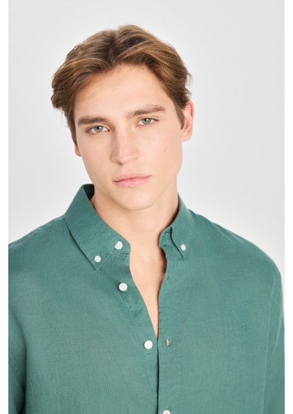 Regular Fit Normal Kesim Yeşil Keten Gömlek fırsatları